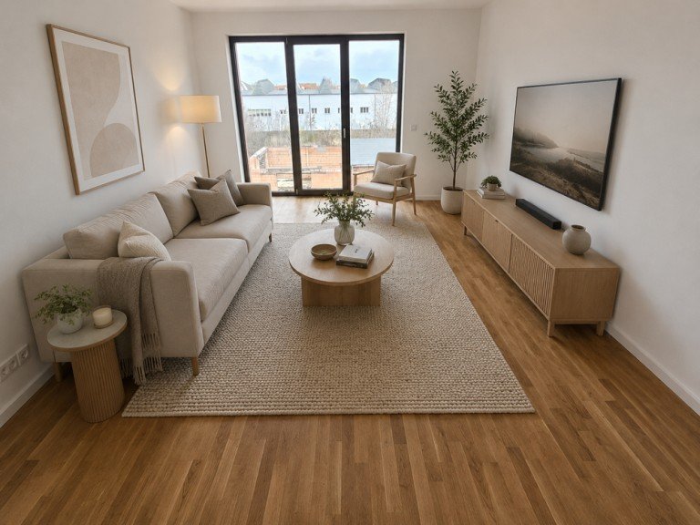 Wohnzimmer, KI- Visualisierung Magdeburg / Alte Neustadt Etagenwohnung Wohnen im Denkmal - 2 Zimmer, Balkon, Parkett, modernes Bad, Fu�bodenheizung & Stellplatz