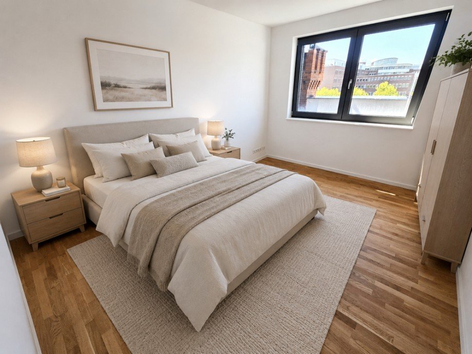 Schlafzimmer, KI-visualisierte Darstellung Etagenwohnung Magdeburg / Neue Neustadt