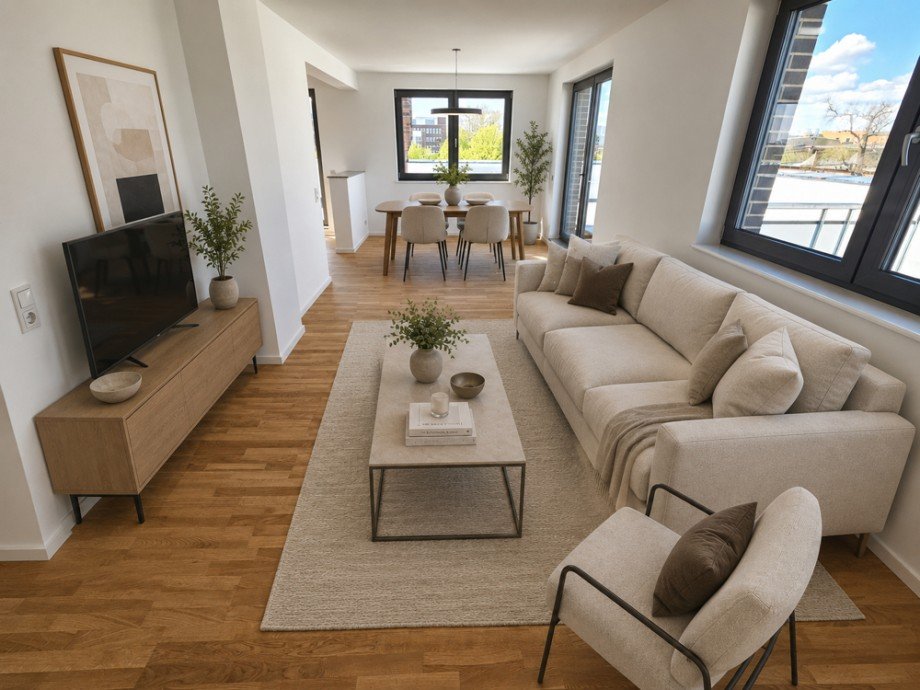 Wohnbereich, KI-visualisierte Darstellung Etagenwohnung Magdeburg / Neue Neustadt