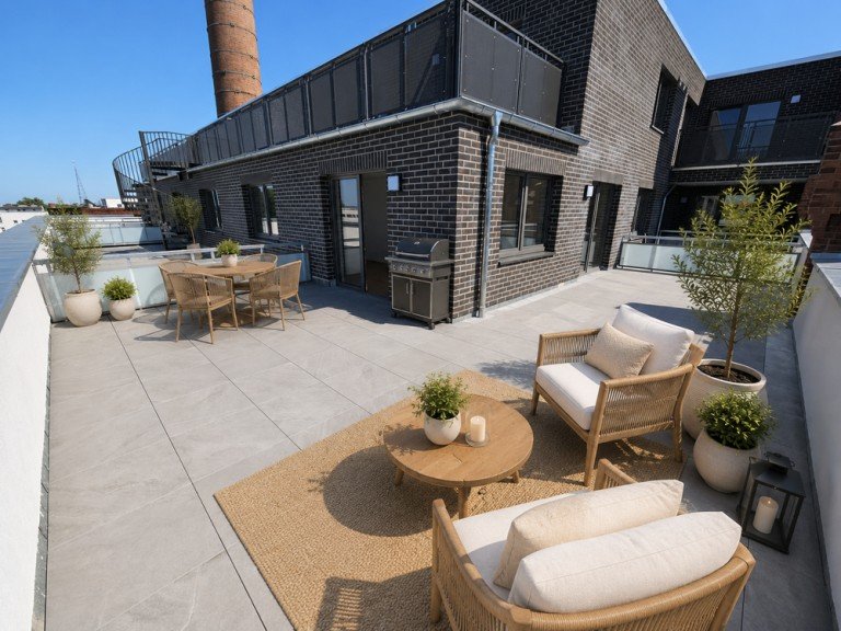Dachterrasse, KI-visualisierte Darstellung Magdeburg / Neue Neustadt Etagenwohnung Exklusive Dachterrassenwohnung im Denkmal - 3 Zimmer, HWR, Fu�bodenheizung & Stellplatz inklusive