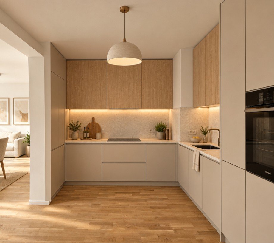 K�chenbereich, KI- visualisierte Darstellung Etagenwohnung Magdeburg / Neue Neustadt