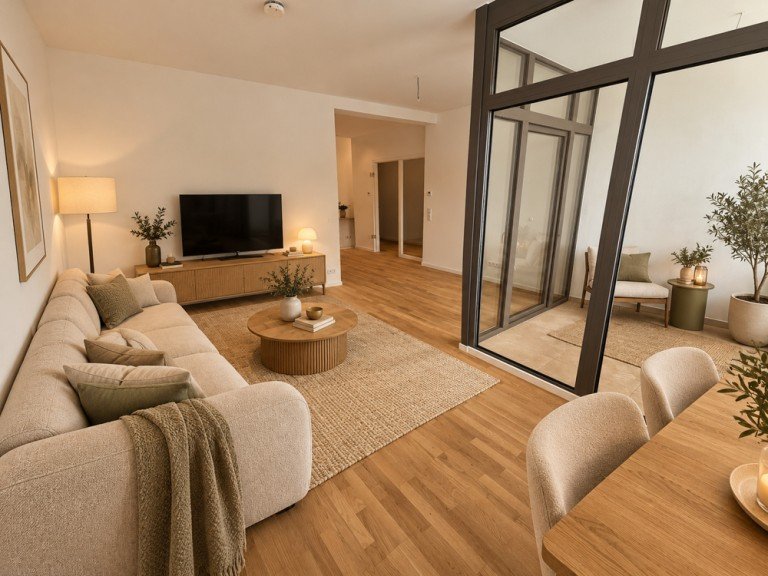 Wohnzimmer, KI- visualisierte Darstellung Magdeburg / Neue Neustadt Etagenwohnung Alte Diamant Brauerei - Moderne 2-Zimmerwohnung mit Loggia, Stellplatz, Fu�bodenheizung, HWR