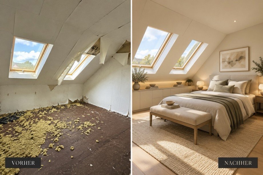 Dachzimmer vorher und nachher Kopie Einfamilienhaus Biederitz