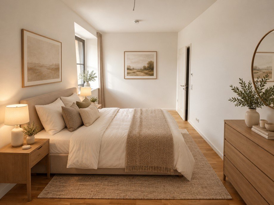 Schlafzimmer, KI- visualisierte Darstellung Etagenwohnung Magdeburg / Neue Neustadt
